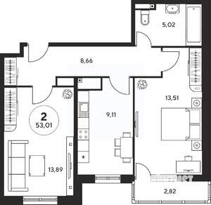 2-к квартира, вторичка, 53м2, 19/25 этаж