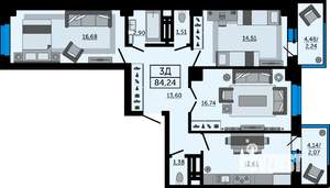 3-к квартира, вторичка, 84м2, 7/26 этаж