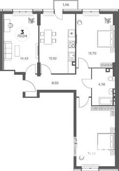 3-к квартира, вторичка, 70м2, 5/25 этаж