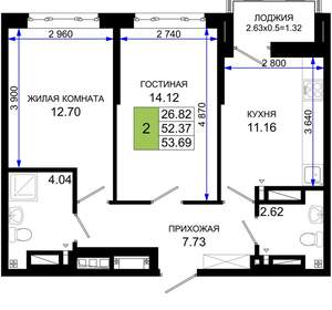 2-к квартира, вторичка, 54м2, 16/25 этаж