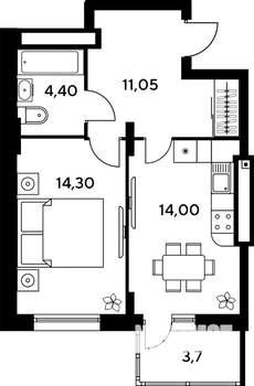 1-к квартира, строящийся дом, 48м2, 4/9 этаж