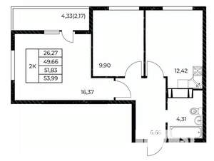 2-к квартира, вторичка, 54м2, 6/25 этаж