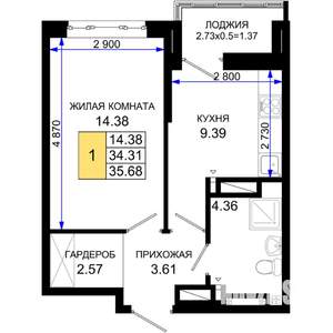 1-к квартира, строящийся дом, 36м2, 25/25 этаж