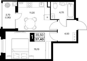1-к квартира, строящийся дом, 37м2, 2/20 этаж