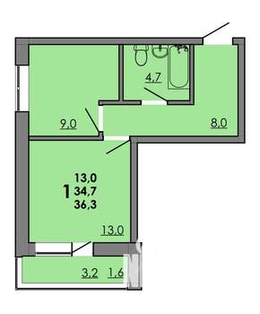 1-к квартира, вторичка, 36м2, 2/16 этаж