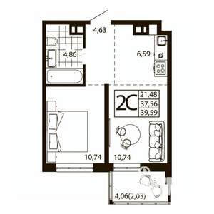1-к квартира, строящийся дом, 39м2, 24/24 этаж