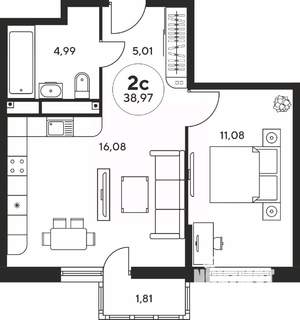 2-к квартира, вторичка, 39м2, 23/25 этаж