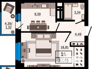 1-к квартира, строящийся дом, 37м2, 19/24 этаж