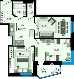 3-к квартира, строящийся дом, 60м2, 15/31 этаж