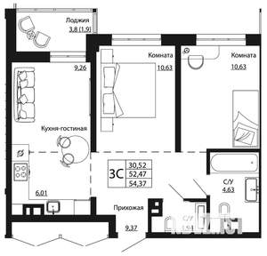 2-к квартира, строящийся дом, 54м2, 1/24 этаж