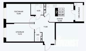 2-к квартира, вторичка, 61м2, 6/12 этаж