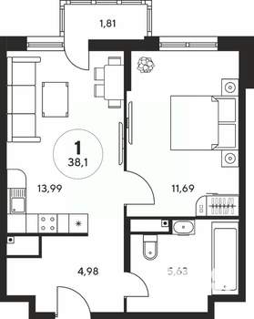1-к квартира, вторичка, 38м2, 19/25 этаж