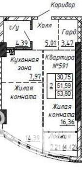 2-к квартира, сданный дом, 54м2, 4/32 этаж