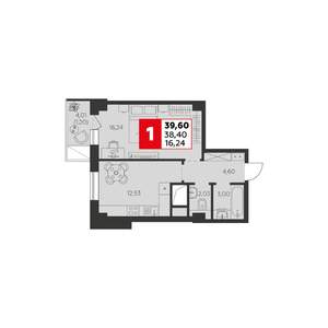 1-к квартира, строящийся дом, 40м2, 17/22 этаж