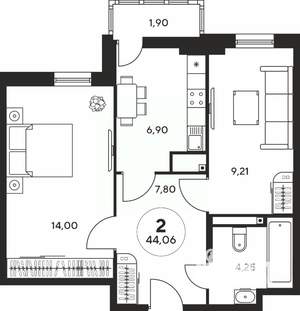 2-к квартира, вторичка, 44м2, 13/25 этаж