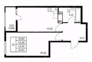 1-к квартира, вторичка, 46м2, 23/25 этаж
