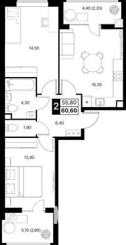 2-к квартира, вторичка, 61м2, 2/12 этаж