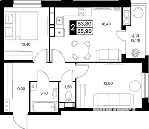 2-к квартира, строящийся дом, 56м2, 19/20 этаж