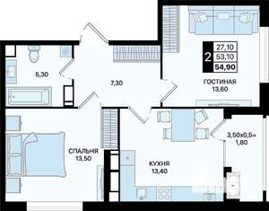 2-к квартира, вторичка, 55м2, 19/22 этаж