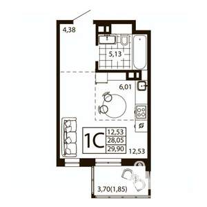 1-к квартира, строящийся дом, 29м2, 17/24 этаж