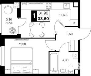 1-к квартира, вторичка, 34м2, 2/12 этаж