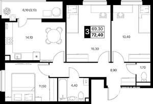 3-к квартира, вторичка, 72м2, 2/12 этаж
