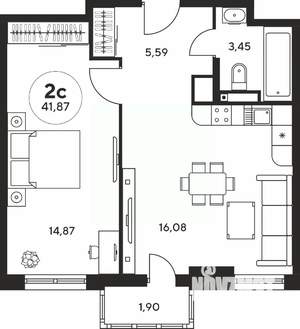 2-к квартира, вторичка, 42м2, 19/25 этаж