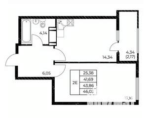 1-к квартира, строящийся дом, 46м2, 13/25 этаж