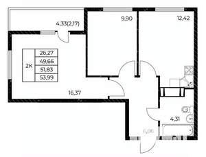 2-к квартира, вторичка, 54м2, 6/25 этаж