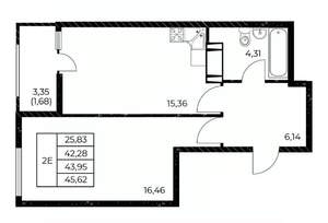 1-к квартира, вторичка, 46м2, 4/25 этаж