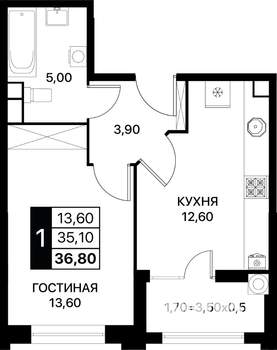 1-к квартира, вторичка, 37м2, 2/12 этаж