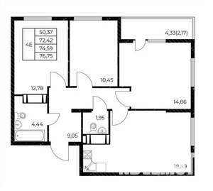 3-к квартира, вторичка, 77м2, 19/25 этаж