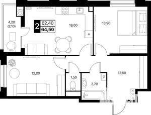 2-к квартира, вторичка, 65м2, 2/20 этаж