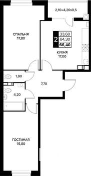 2-к квартира, вторичка, 66м2, 3/12 этаж