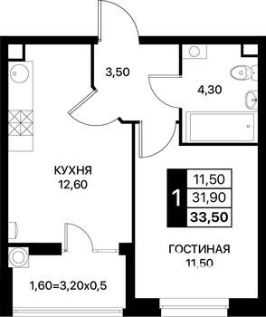 1-к квартира, вторичка, 34м2, 2/12 этаж