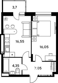 2-к квартира, строящийся дом, 49м2, 7/9 этаж