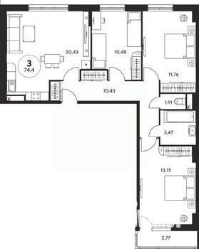 3-к квартира, вторичка, 74м2, 3/25 этаж