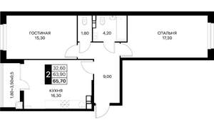 2-к квартира, вторичка, 66м2, 7/12 этаж