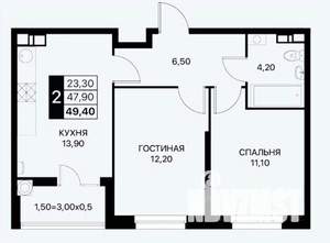 2-к квартира, вторичка, 50м2, 6/6 этаж