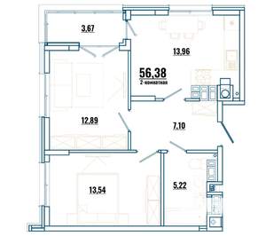 2-к квартира, строящийся дом, 56м2, 4/4 этаж