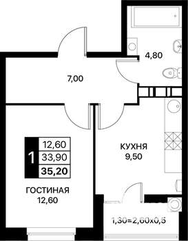 1-к квартира, строящийся дом, 35м2, 5/12 этаж