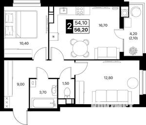 2-к квартира, вторичка, 56м2, 7/20 этаж