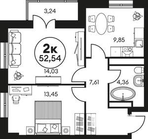 2-к квартира, строящийся дом, 53м2, 18/25 этаж