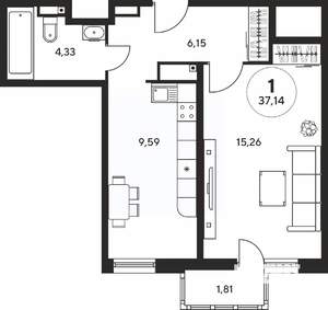 1-к квартира, вторичка, 37м2, 15/25 этаж