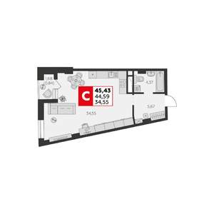 Студия квартира, строящийся дом, 45м2, 2/22 этаж
