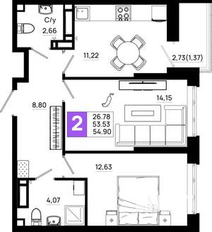 2-к квартира, вторичка, 55м2, 11/21 этаж