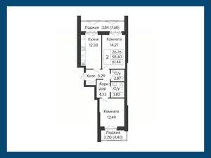 2-к квартира, вторичка, 61м2, 4/8 этаж