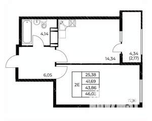 1-к квартира, строящийся дом, 46м2, 12/25 этаж