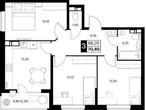 3-к квартира, вторичка, 70м2, 4/12 этаж