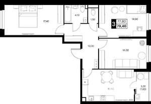 3-к квартира, строящийся дом, 79м2, 2/12 этаж